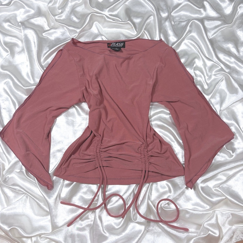 y2k Bell Sleeve Top Mauve Excellent Ruched Drawstring Split Sleeve Blouse S